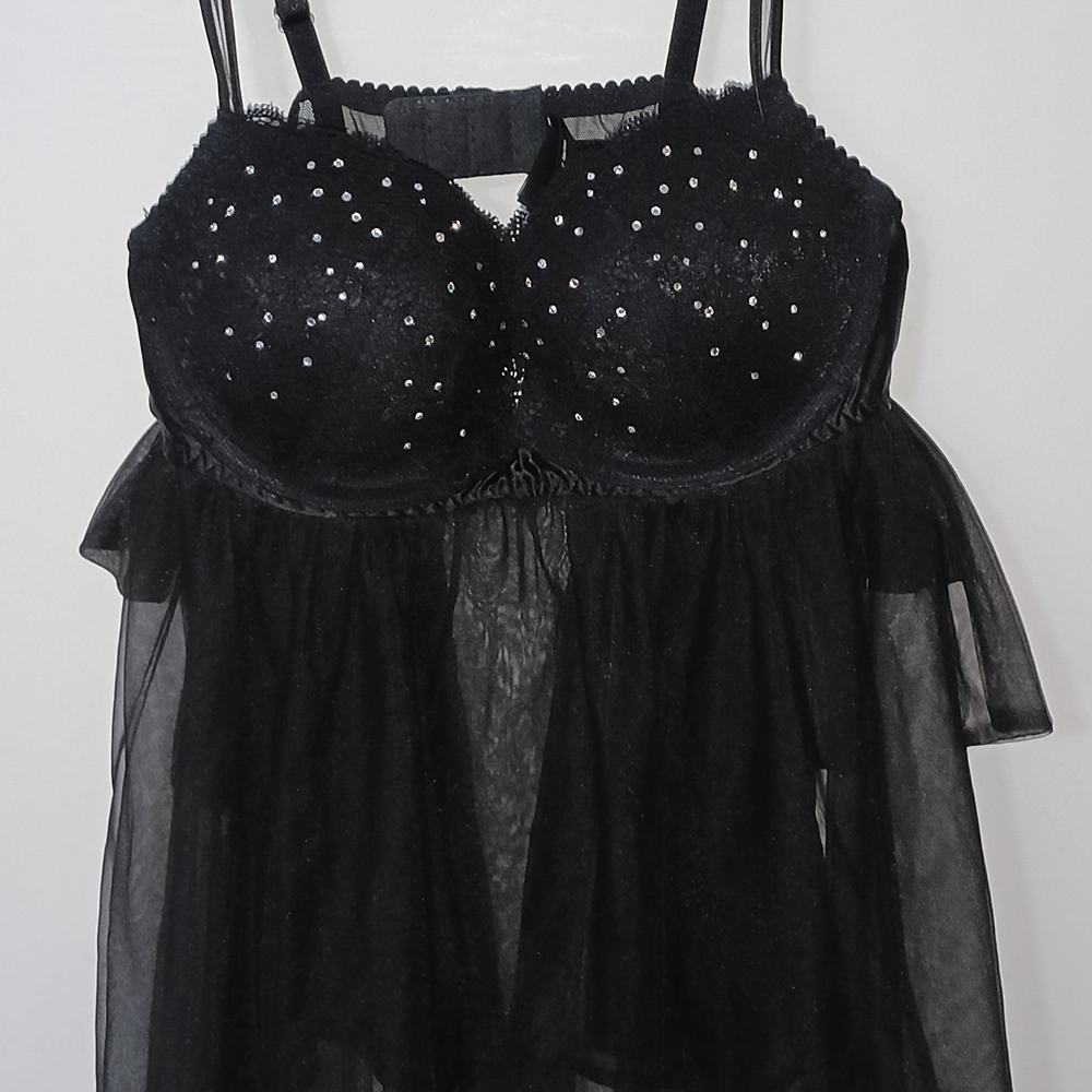 Victoria's Secret Black Sheer Embellished Babydoll Chemise